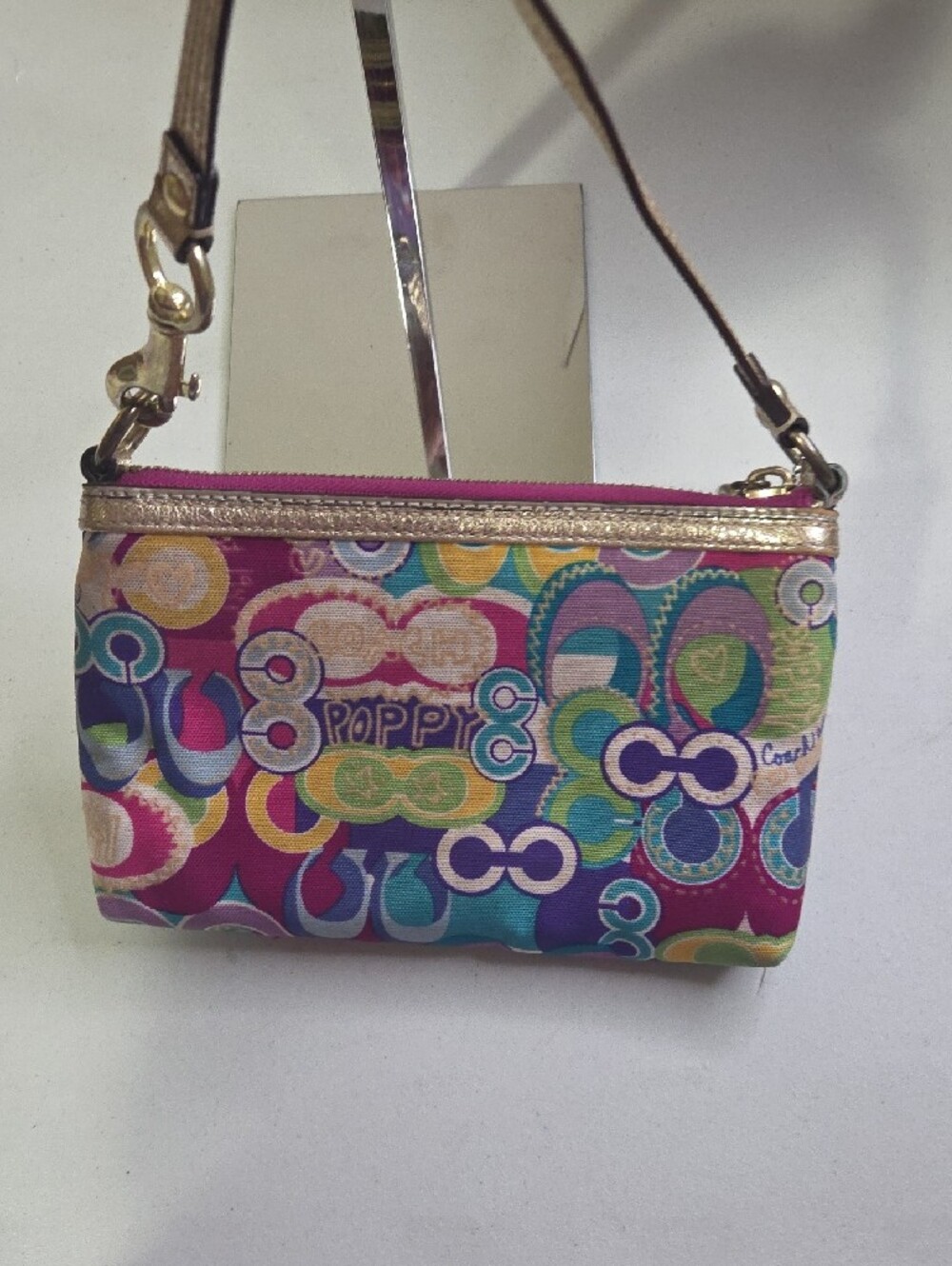 Coach Poppy Multicolor Signature Wristlet with Metallic Gold Trim - Picture 7 of 7